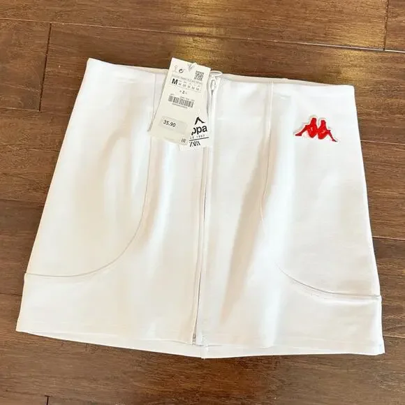 Zara Kappa Mini Skirt White Red Zip Front Summer Medium NWT Collegiate - Picture 4 of 15